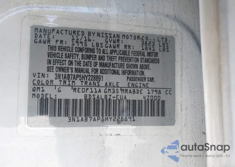 2017 Nissan Sentra S z USA, uszkodzony, nr VIN 3N1AB7AP5HY228891